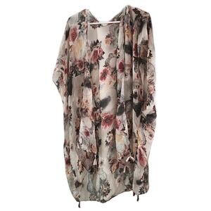 Floral Print Kimono Style 1 Size Shawl Cover Up Lightweight Sheer Tassels Heimi